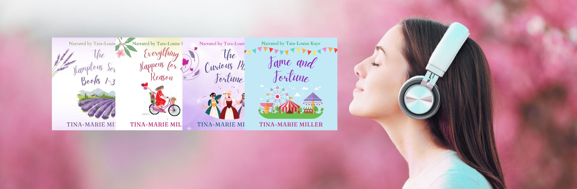 Woman in headphones next to Tina-Marie Miller's audiobooks