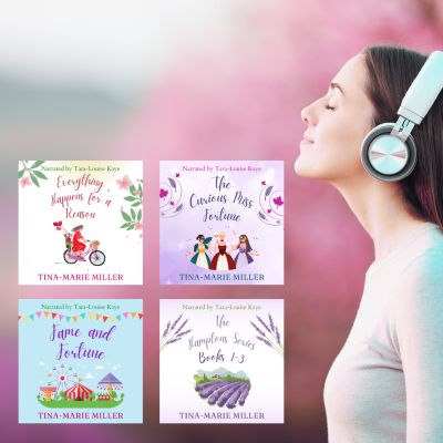 Woman in headphones next to Tina-Marie Miller's audiobooks