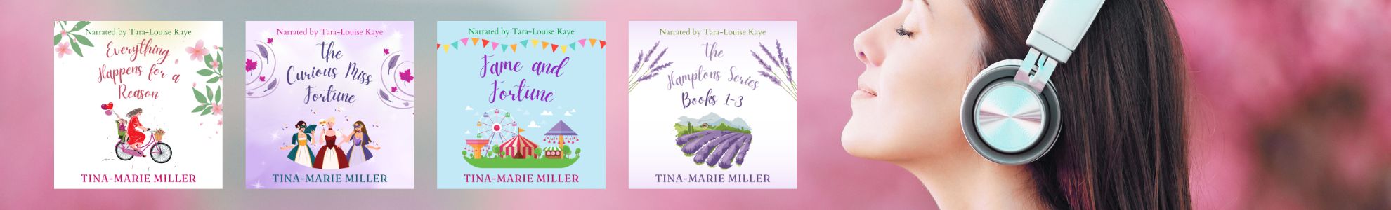 Woman in headphones next to Tina-Marie Miller's audiobooks