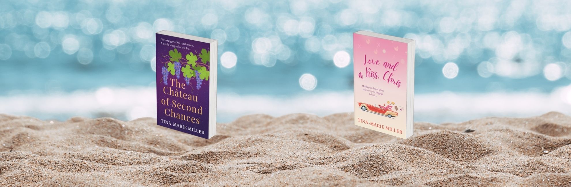Two 3D book covers on the beach