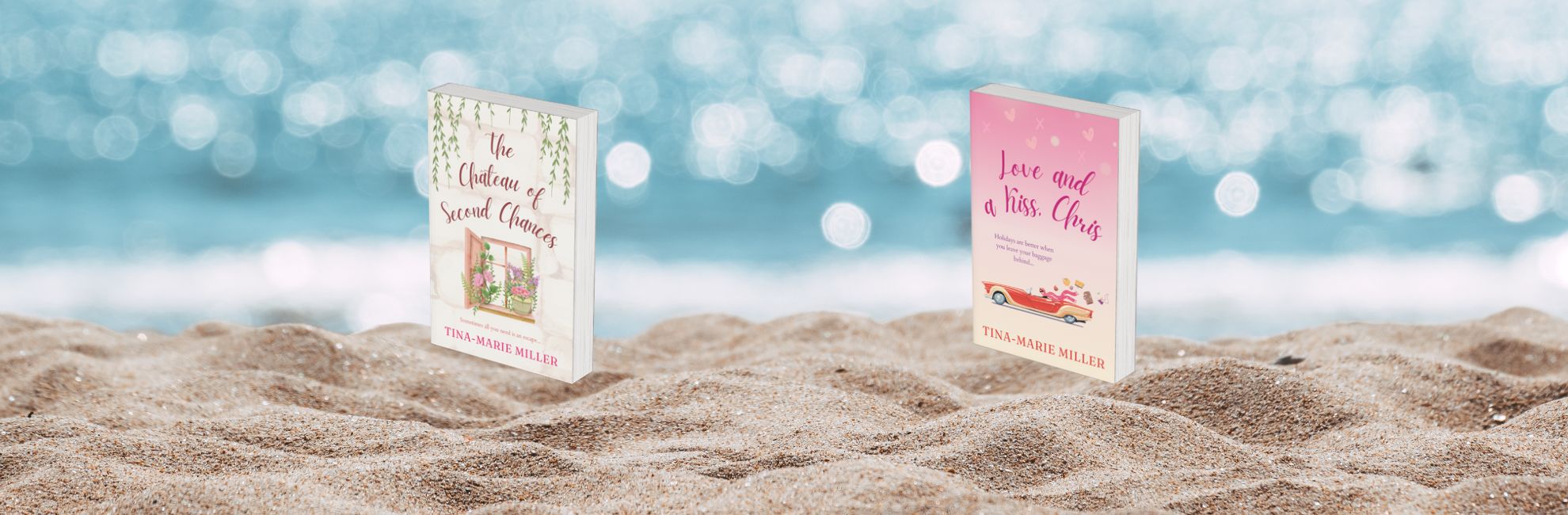 Two 3D book covers on the beach