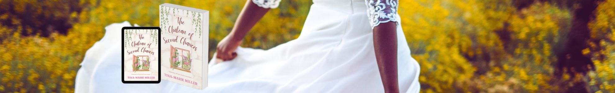 Bride running through field of yellow flowers