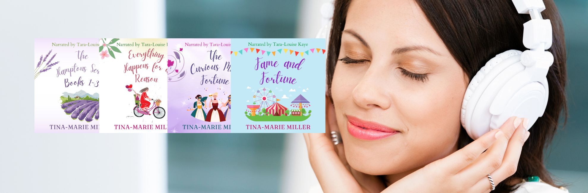 Peaceful woman in headphones next to Tina-Marie Miller's audiobooks