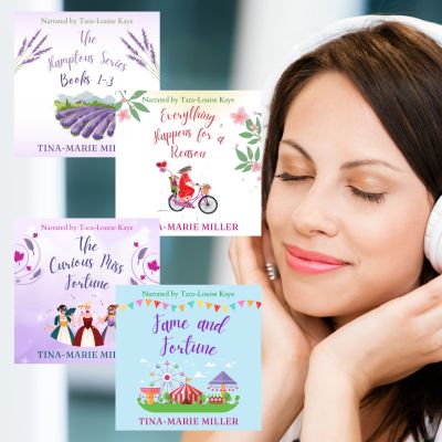 Peaceful woman in headphones next to Tina-Marie Miller's audiobooks