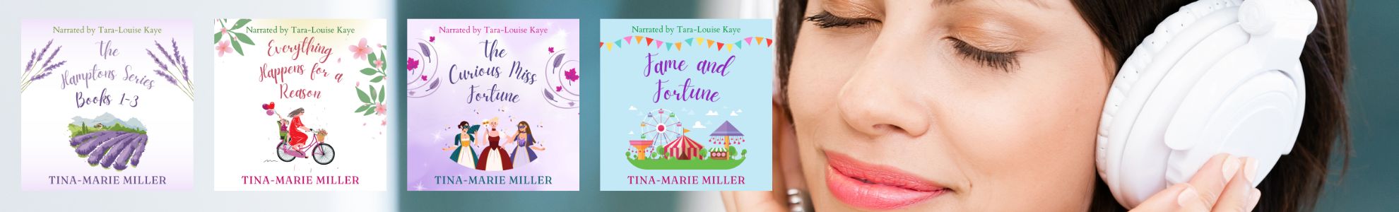 Peaceful woman in headphones next to Tina-Marie Miller's audiobooks