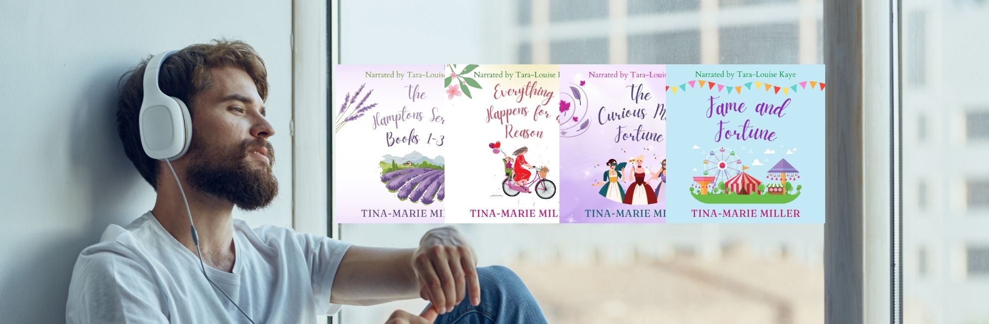 Relaxed man with headphones next to Tina-Marie Miller's audiobooks
