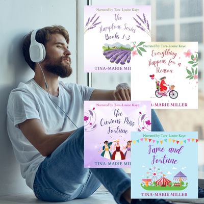 Relaxed man with headphones next to Tina-Marie Miller's audiobooks