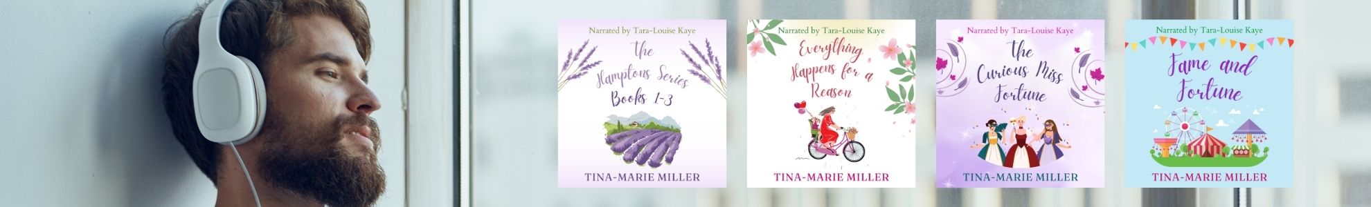 Relaxed man with headphones next to Tina-Marie Miller's audiobooks