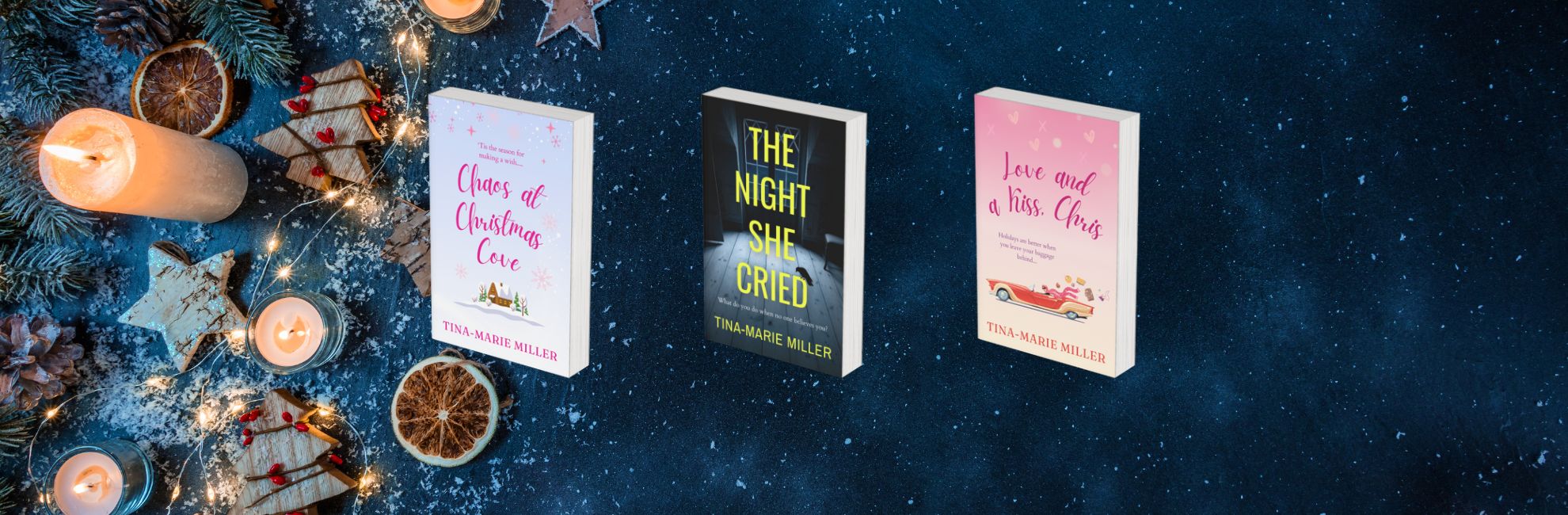Three book covers surrounded by Christmas candles and dried fruit