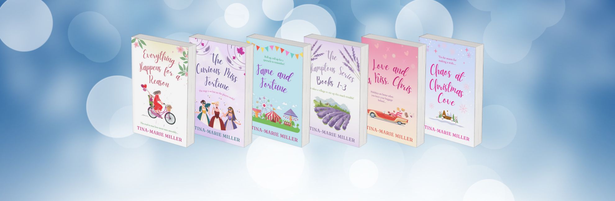 Newly redesigned book covers on blue bokeh effect background