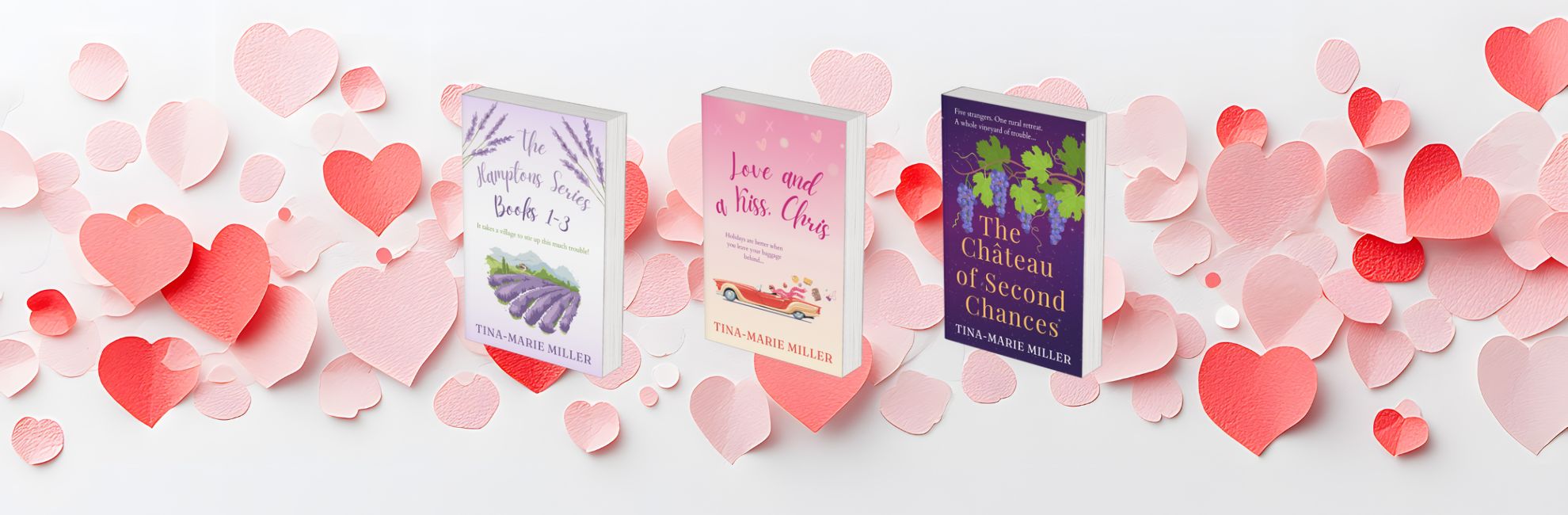 Three romance book covers surrounded by pink and red paper hearts