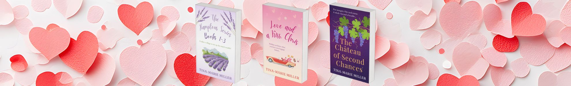 Three romance book covers surrounded by pink and red paper hearts