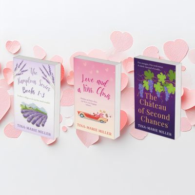 Three romance book covers surrounded by pink and red paper hearts