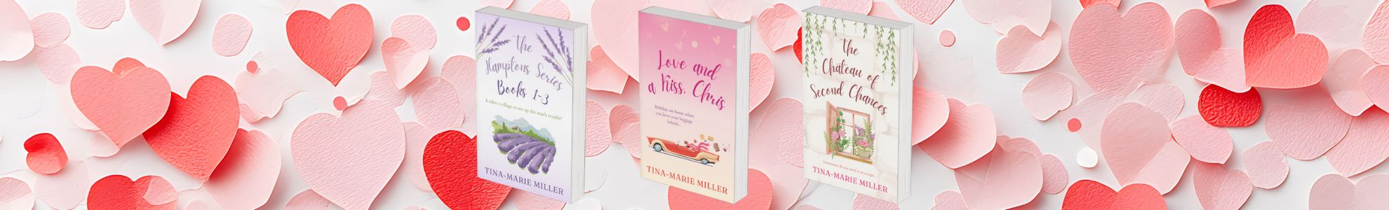 Three romance book covers surrounded by pink and red paper hearts