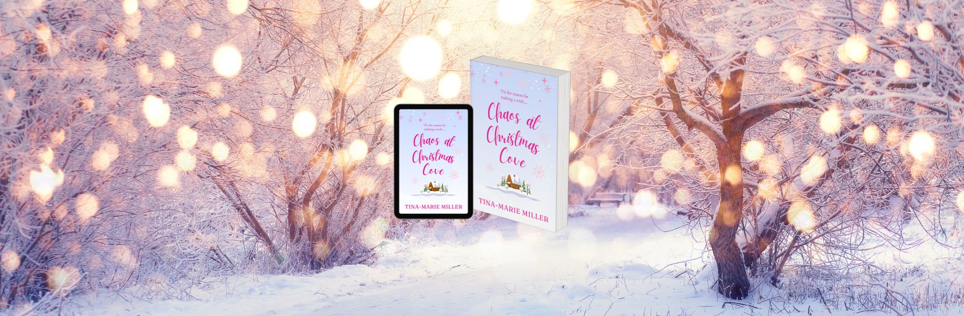 Book cover in snowy winter scene with trees and twinkling lights