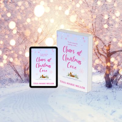 Book cover in snowy winter scene with trees and twinkling lights