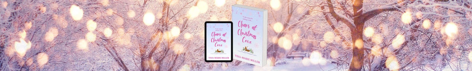 Book cover in snowy winter scene with trees and twinkling lights