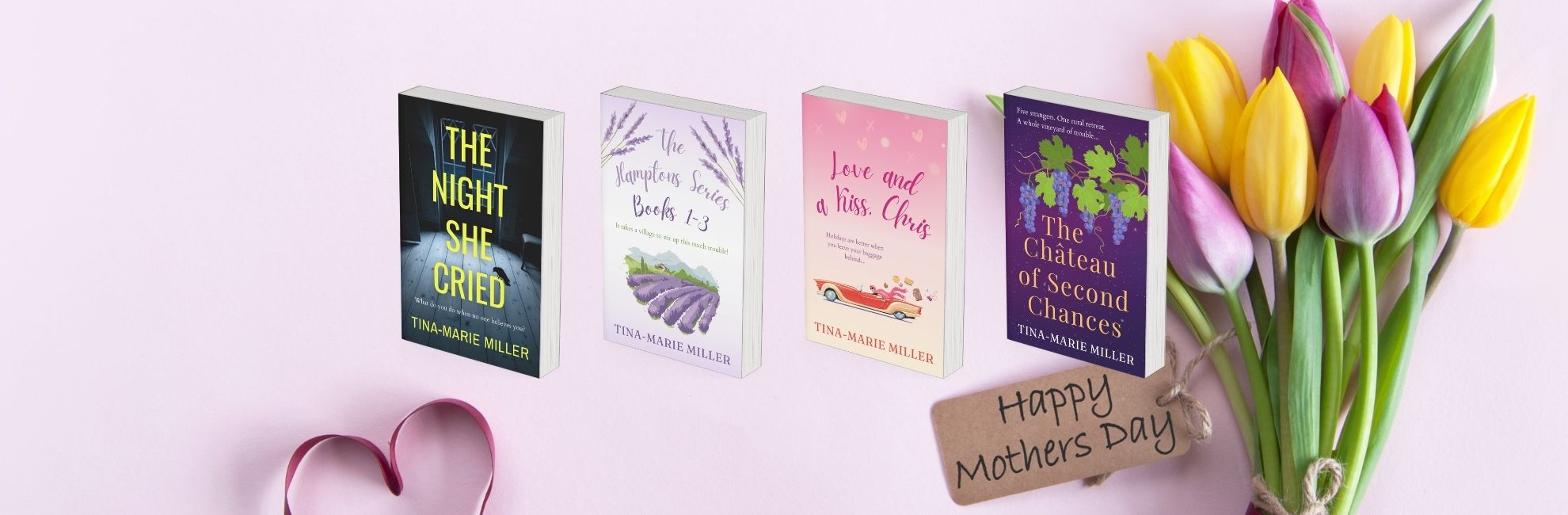 Four book covers next to a bouquet of tulips