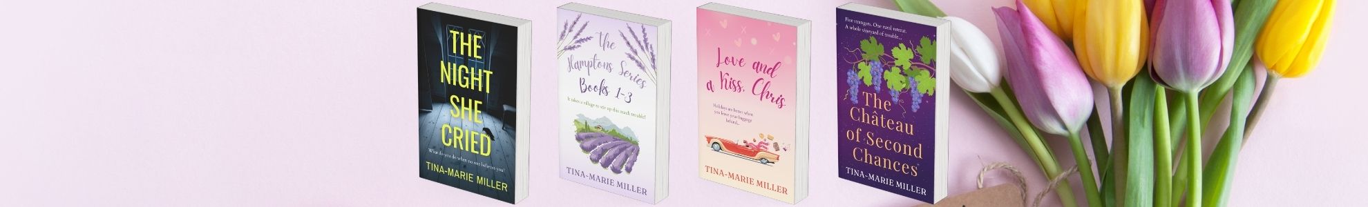 Four book covers next to a bouquet of tulips