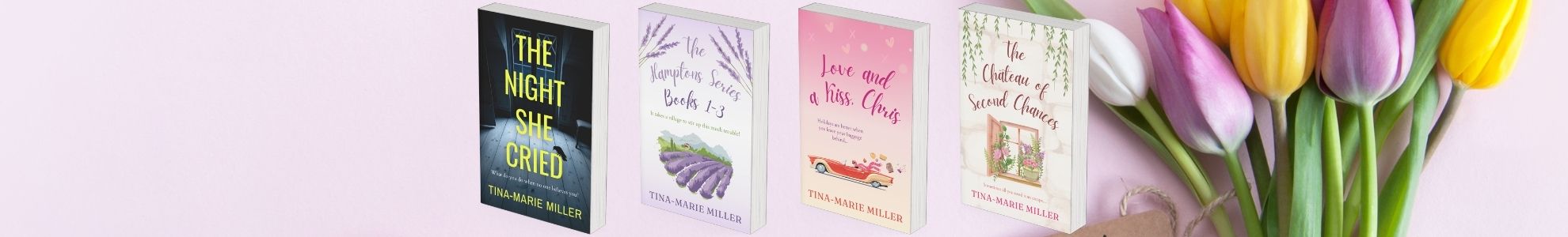 Four book covers next to a bouquet of tulips